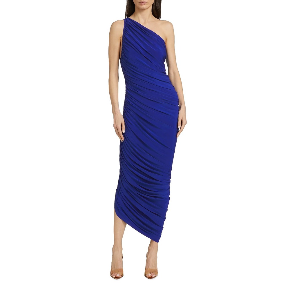 Norma Kamali Diana Ruched Asymmetrical One-Shoulder Midi-Dress Blue XS EUC